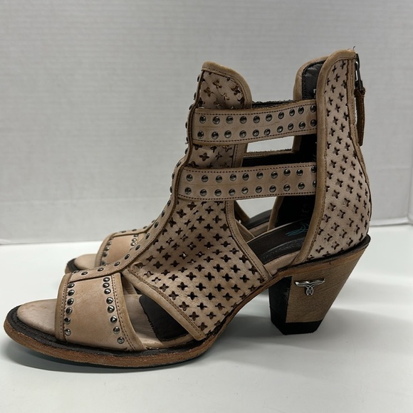 Lane Artesia Ankle Boots Heeled Booties Cut Out Leather Tan Brown Open Toe 9.5 - Picture 1 of 12